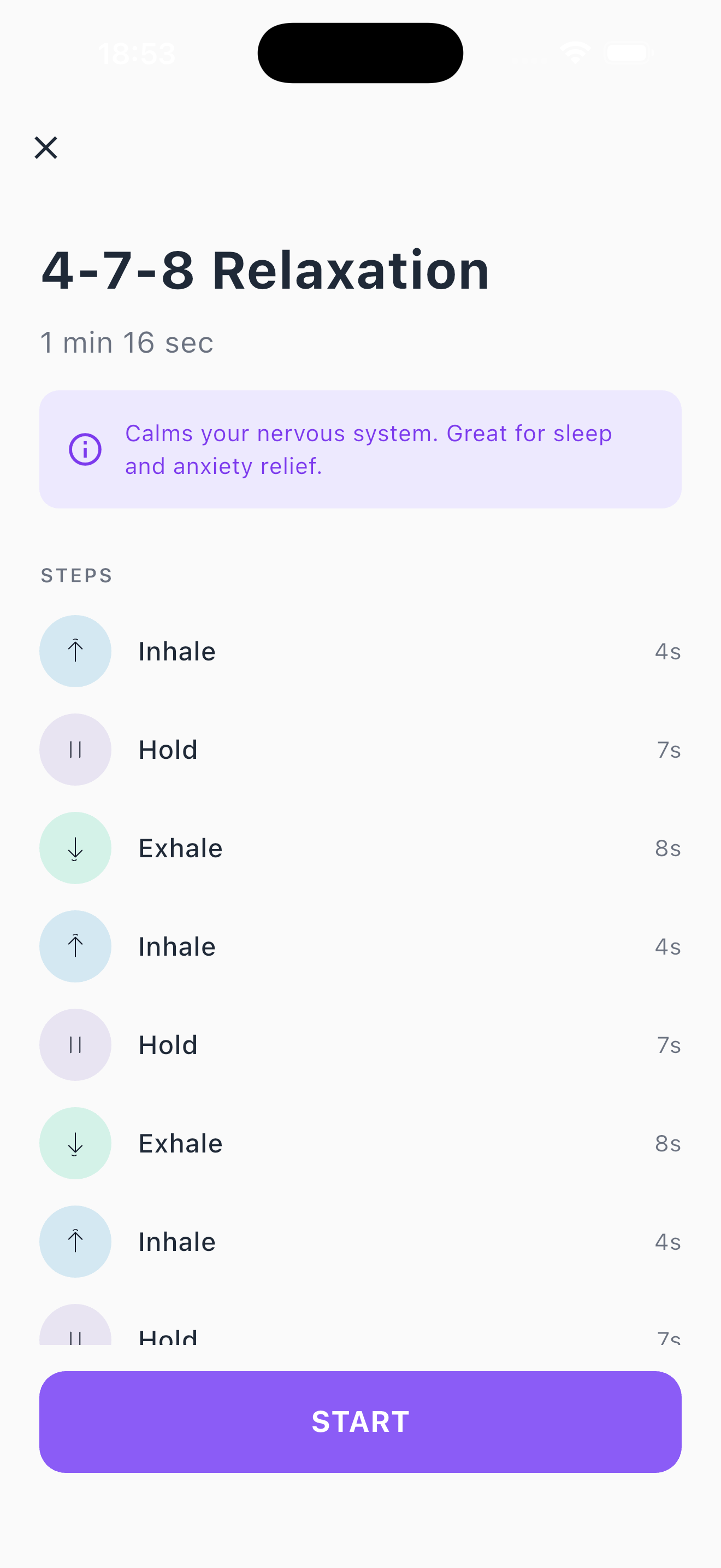 Ritmo 4-7-8 Relaxation routine detail screen with steps and durations